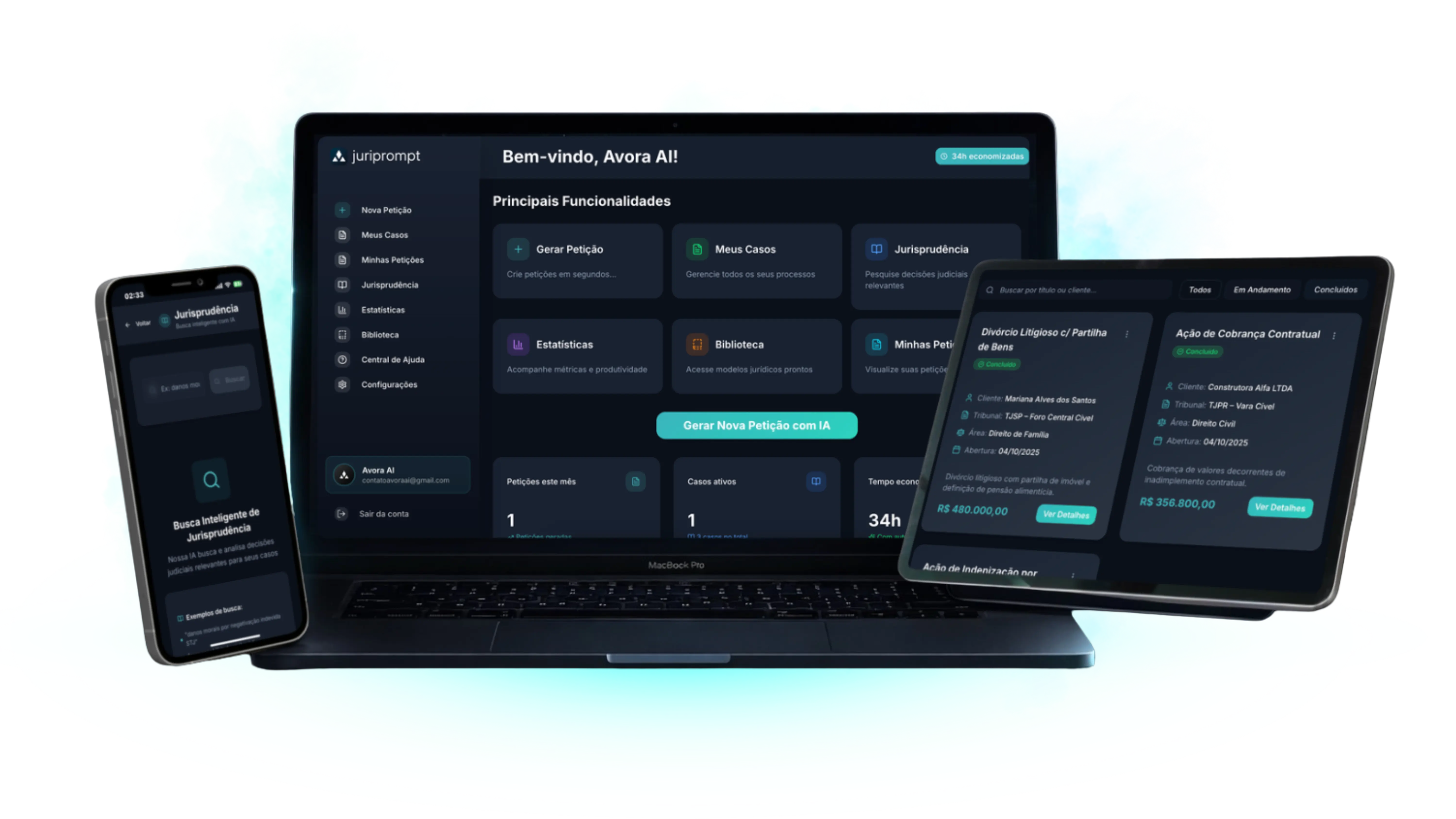 JuriPrompt - Plataforma completa para advogog com IA: dashboard, busca de jurisprudência e gestão de casos em todos os dispositivos