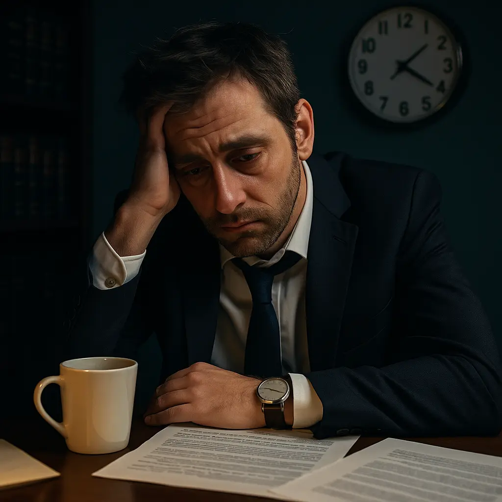 Advogado estressado trabalhando até tarde